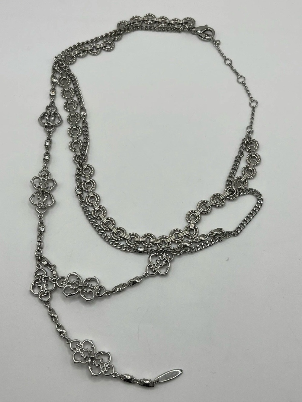 Express Y Drop Rhinestone Layered Statement Silver Tone 16”-20” - Picture 2 of 8